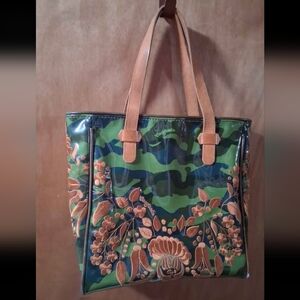 CONSUELA TOTE CAMO LEOPARD PURSE REAL LEATHER HANDLES CARAMEL EMBROIDERY HTF